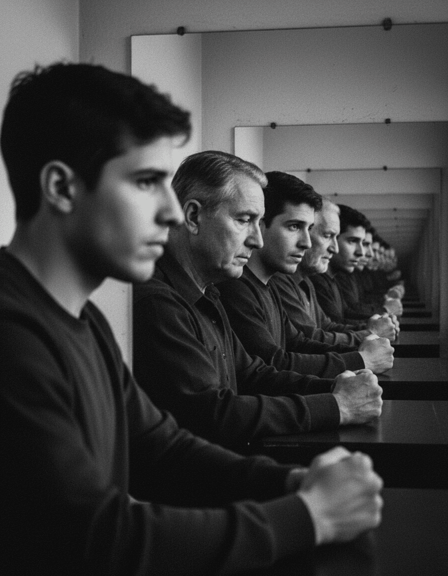 Una fila de hombres de distintas edades, uno detrás de otro, en la misma postura y con las mismas manos sobre la mesa, repitiéndose hacia el fondo.
